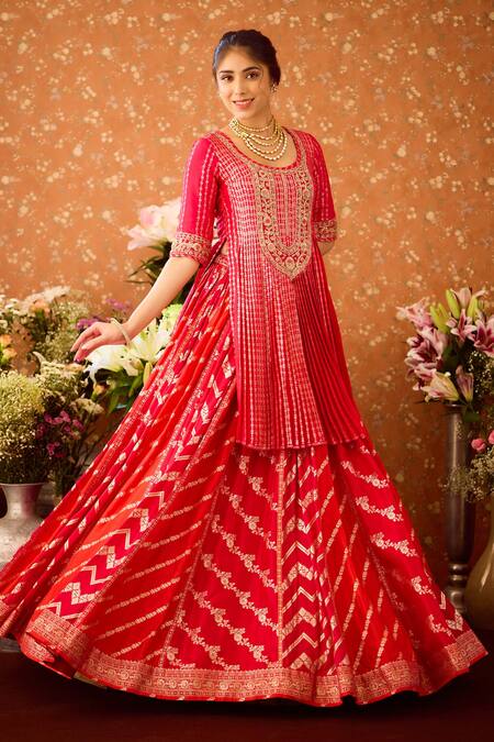 Shyam Narayan Prasad Red Organza, Viscose, Embroidery, Chevron Brocade Panel Lehenga Set at Aza Fashions Shyam Narayan Prasad_Red Organza, Viscose, Embroidery, Chevron Brocade Panel Lehenga Set _at_Aza_Fashions