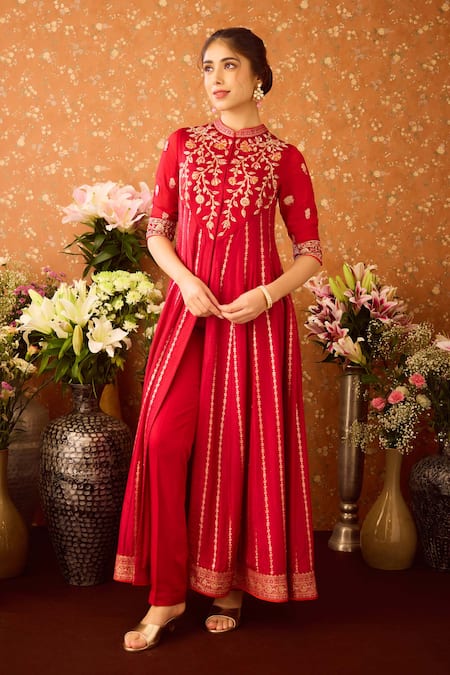 Shop Shyam Narayan Prasad Maroon Silk Organza, Viscose Embroidery Collared Hand Anarkali And Sharara Set at Aza Fashions Shop_Shyam Narayan Prasad_Maroon Silk Organza, Viscose Embroidery Collared Hand Anarkali And Sharara Set _at_Aza_Fashions