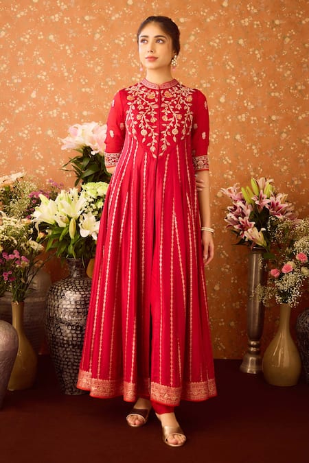 Shyam Narayan Prasad Maroon Silk Organza, Viscose Embroidery Collared Hand Anarkali And Sharara Set Online at Aza Fashions Shyam Narayan Prasad_Maroon Silk Organza, Viscose Embroidery Collared Hand Anarkali And Sharara Set _Online_at_Aza_Fashions