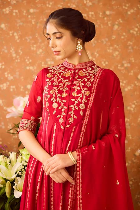 Shop Shyam Narayan Prasad Maroon Silk Organza, Viscose Embroidery Collared Hand Anarkali And Sharara Set Online at Aza Fashions Shop_Shyam Narayan Prasad_Maroon Silk Organza, Viscose Embroidery Collared Hand Anarkali And Sharara Set _Online_at_Aza_Fashions