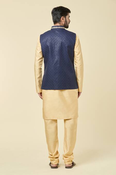 Shop Arihant Rai Sinha Blue Silk Sequins, Embroidery Bundi Kurta Set at Aza Fashions Shop_Arihant Rai Sinha_Blue Silk Sequins, Embroidery Bundi Kurta Set _at_Aza_Fashions