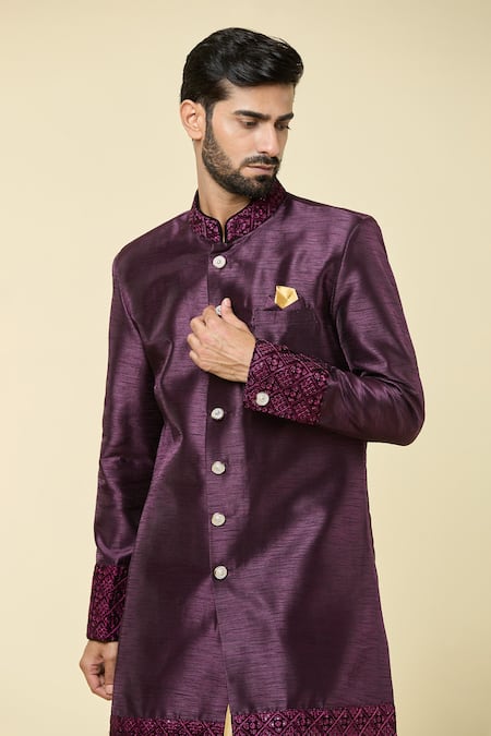 Arihant Rai Sinha_Wine Jacquard, Silk Sequins, Embroidery Border Sherwani With Peshawari Pant _at_Aza_Fashions