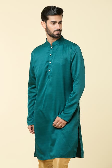 Arihant Rai Sinha_Blue Cotton Straight Solid Kurta_at_Aza_Fashions