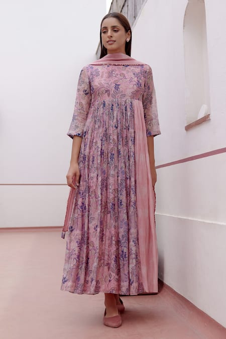 Vaayu Pink Muslin Cotton Printed Botanical Round Pleated Anarkali With Dupatta 