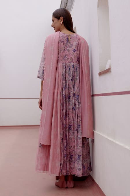 Shop Vaayu Pink Muslin, Cotton Tassels Round Botanical Print Pleated Anarkali With Dupatta at Aza Fashions Shop_Vaayu_Pink Muslin, Cotton Tassels Round Botanical Print Pleated Anarkali With Dupatta_at_Aza_Fashions