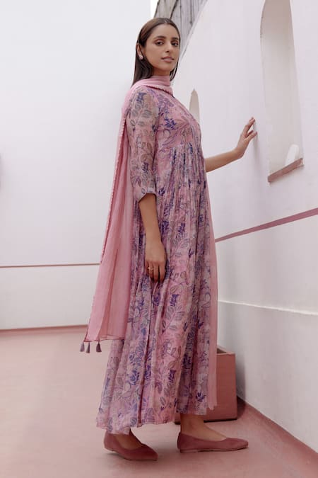 Vaayu Pink Muslin, Cotton Tassels Round Botanical Print Pleated Anarkali With Dupatta Online at Aza Fashions Vaayu_Pink Muslin, Cotton Tassels Round Botanical Print Pleated Anarkali With Dupatta_Online_at_Aza_Fashions