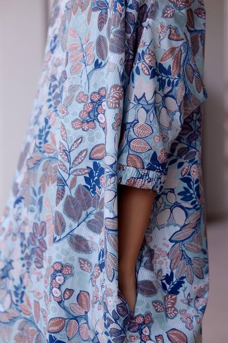 Buy_Vaayu_Blue Muslin, Cotton Boat Neck Leaf Print Kurta And Pant Set_Online_at_Aza_Fashions