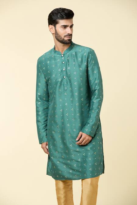 Shop Arihant Rai Sinha Green Silk Foil Printing Geometric Butti Kurta Online at Aza Fashions Shop_Arihant Rai Sinha_Green Silk Foil Printing Geometric Butti Kurta_Online_at_Aza_Fashions