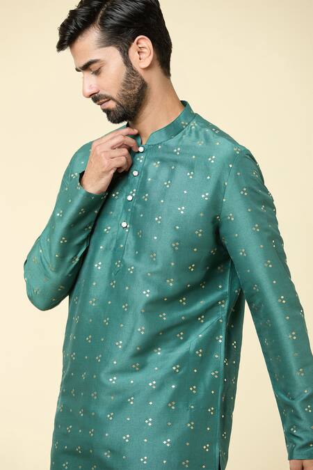 Arihant Rai Sinha Green Silk Foil Printing Geometric Butti Kurta at Aza Fashions Arihant Rai Sinha_Green Silk Foil Printing Geometric Butti Kurta_at_Aza_Fashions