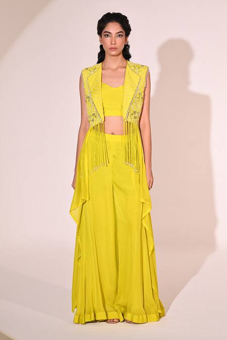 BAANI KHURANA_Green Organza, Chiffon, Satin Pearls, Floral Embroidered Jacket Sharara Set _Online_at_Aza_Fashions