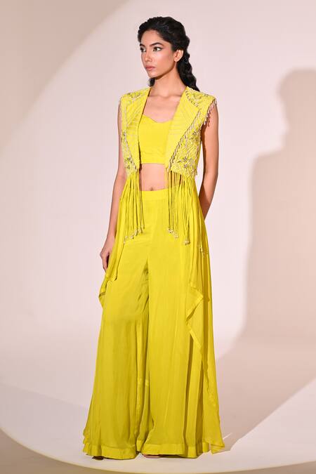 Buy_BAANI KHURANA_Green Organza, Chiffon, Satin Pearls, Floral Embroidered Jacket Sharara Set _Online_at_Aza_Fashions