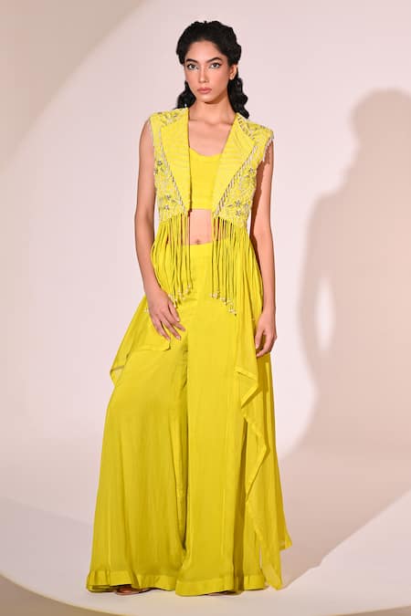 BAANI KHURANA_Green Organza, Chiffon, Satin Pearls, Floral Embroidered Jacket Sharara Set _at_Aza_Fashions