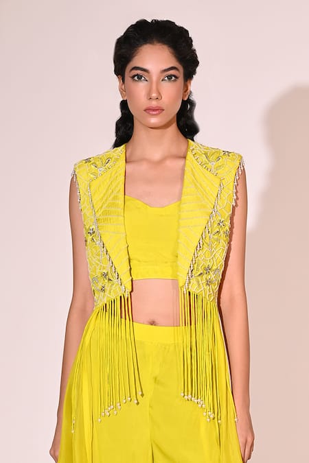 Buy_BAANI KHURANA_Green Organza, Chiffon, Satin Pearls, Floral Embroidered Jacket Sharara Set 