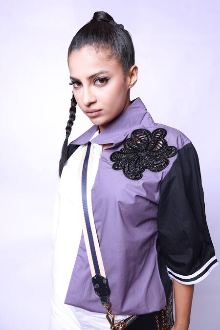 Buy_Richaa Goenka_Black Cotton Hand Embroidered Bead Collared Shirt _Online_at_Aza_Fashions