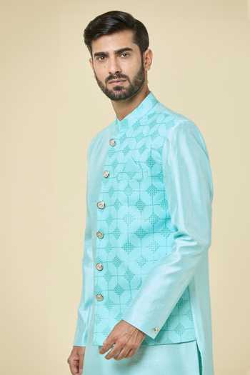 Shop Arihant Rai Sinha Blue Silk, Pashmina Sequins, Embroidery Kurta And Peshawari Pant Set Online at Aza Fashions Shop_Arihant Rai Sinha_Blue Silk, Pashmina Sequins, Embroidery Kurta And Peshawari Pant Set _Online_at_Aza_Fashions