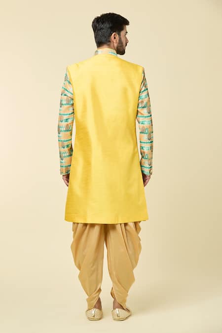 Shop Arihant Rai Sinha Yellow Silk Sequins, Embroidery Abstract Print Panel Kurta With Peshawari Pant at Aza Fashions Shop_Arihant Rai Sinha_Yellow Silk Sequins, Embroidery Abstract Print Panel Kurta With Peshawari Pant _at_Aza_Fashions