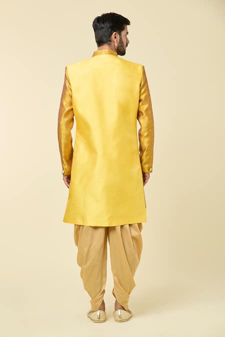 Shop Arihant Rai Sinha Yellow Silk, Jacquard Embroidery Woven Checkered Panel Kurta With Peshawari Pant at Aza Fashions Shop_Arihant Rai Sinha_Yellow Silk, Jacquard Embroidery Woven Checkered Panel Kurta With Peshawari Pant _at_Aza_Fashions
