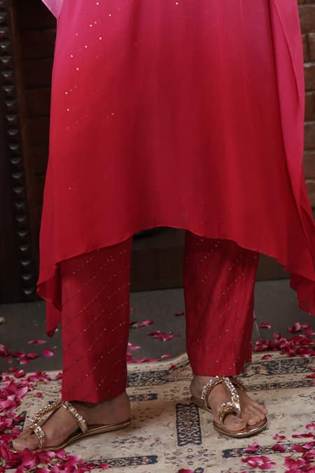 Surabhi Arya_Red Georgette, Chanderi Sequins, Floral Vine Embroidered Ombre Kaftan Pant Set _Online_at_Aza_Fashions