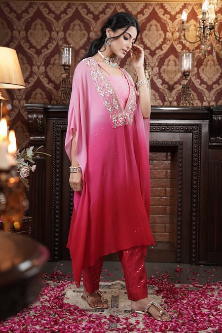 Buy_Surabhi Arya_Red Georgette, Chanderi Sequins, Floral Vine Embroidered Ombre Kaftan Pant Set _Online_at_Aza_Fashions