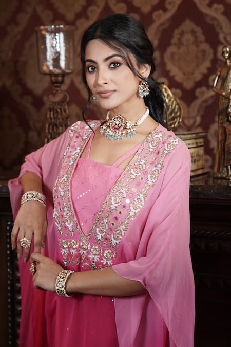 Shop_Surabhi Arya_Red Georgette, Chanderi Sequins, Floral Vine Embroidered Ombre Kaftan Pant Set _Online_at_Aza_Fashions