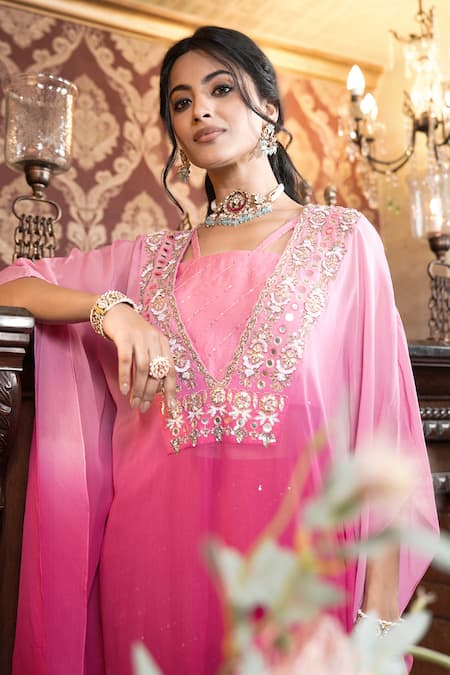 Surabhi Arya_Red Georgette, Chanderi Sequins, Floral Vine Embroidered Ombre Kaftan Pant Set _at_Aza_Fashions