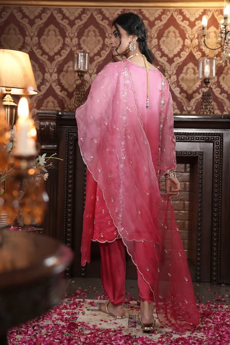 Shop_Surabhi Arya_Red Organza, Modal, Satin Sequins, Beads, Floral Ombre Kurta Dhoti Pant Set _at_Aza_Fashions