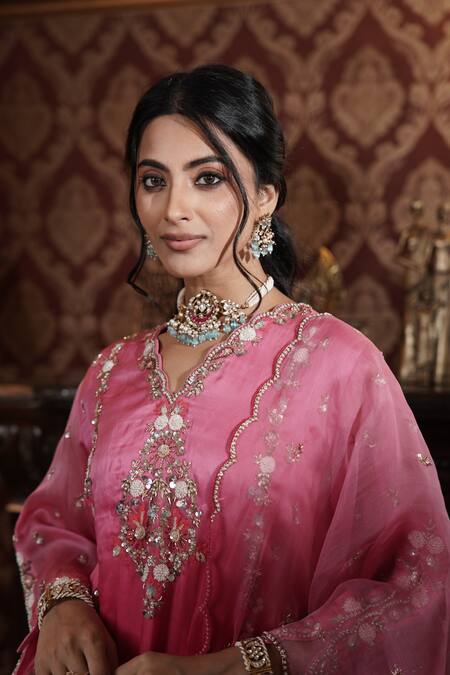 Surabhi Arya_Red Organza, Modal, Satin Sequins, Beads, Floral Ombre Kurta Dhoti Pant Set _Online_at_Aza_Fashions