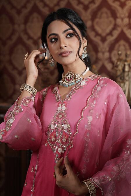 Buy_Surabhi Arya_Red Organza, Modal, Satin Sequins, Beads, Floral Ombre Kurta Dhoti Pant Set _Online_at_Aza_Fashions