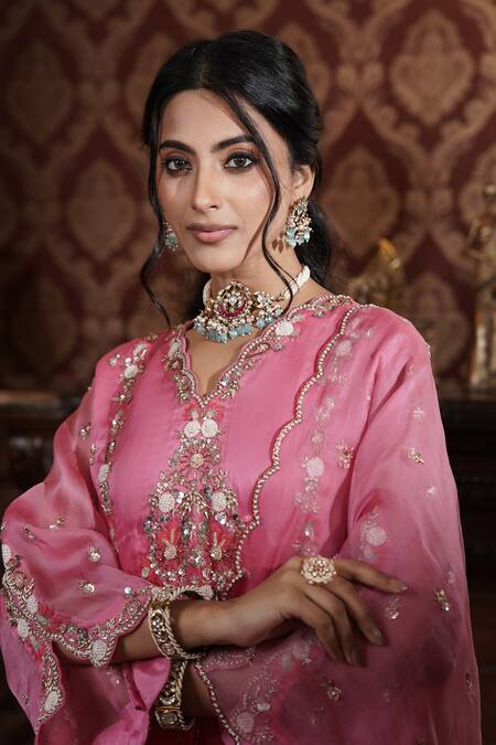 Shop_Surabhi Arya_Red Organza, Modal, Satin Sequins, Beads, Floral Ombre Kurta Dhoti Pant Set _Online_at_Aza_Fashions