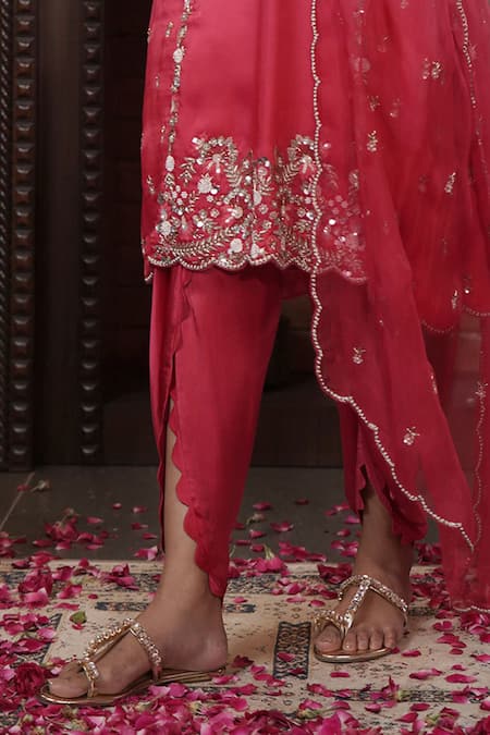 Surabhi Arya_Red Organza, Modal, Satin Sequins, Beads, Floral Ombre Kurta Dhoti Pant Set _at_Aza_Fashions