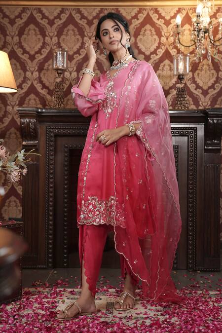 Buy_Surabhi Arya_Red Organza, Modal, Satin Sequins, Beads, Floral Ombre Kurta Dhoti Pant Set 