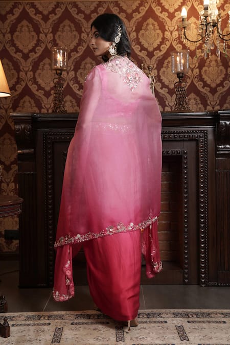 Shop_Surabhi Arya_Red Modal, Organza, Ombre Floral Embroidered Asymmetric Cape Draped Skirt Set _at_Aza_Fashions