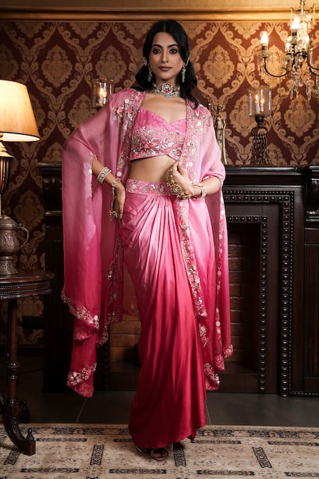 Surabhi Arya_Red Modal, Organza, Ombre Floral Embroidered Asymmetric Cape Draped Skirt Set _Online_at_Aza_Fashions