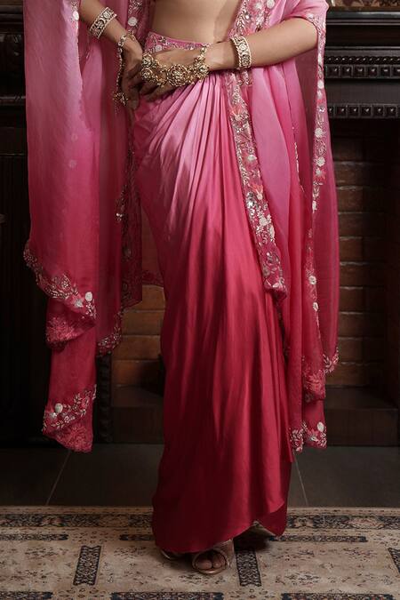 Buy_Surabhi Arya_Red Modal, Organza, Ombre Floral Embroidered Asymmetric Cape Draped Skirt Set _Online_at_Aza_Fashions