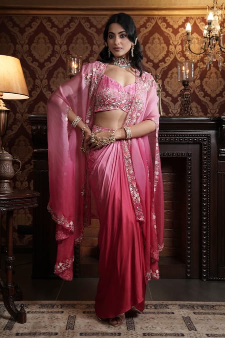 Shop_Surabhi Arya_Red Modal, Organza, Ombre Floral Embroidered Asymmetric Cape Draped Skirt Set _Online_at_Aza_Fashions