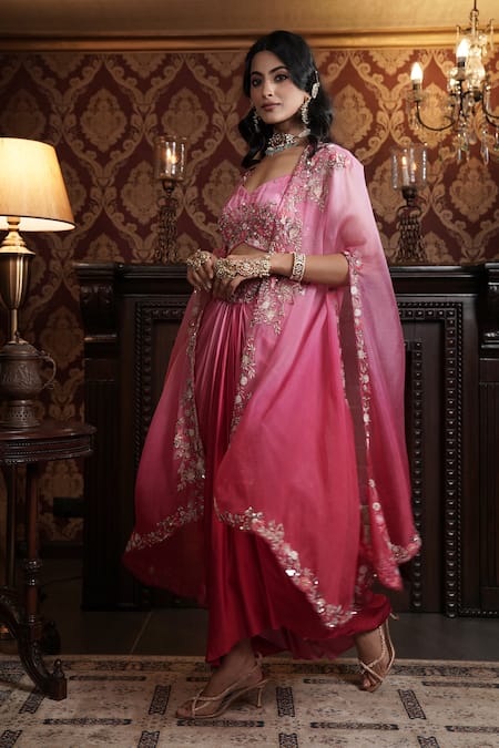 Surabhi Arya_Red Modal, Organza, Ombre Floral Embroidered Asymmetric Cape Draped Skirt Set _at_Aza_Fashions