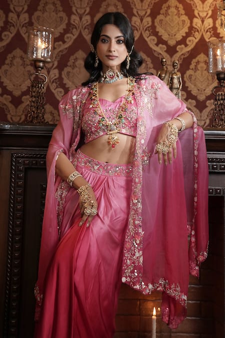 Buy_Surabhi Arya_Red Modal, Organza, Ombre Floral Embroidered Asymmetric Cape Draped Skirt Set 