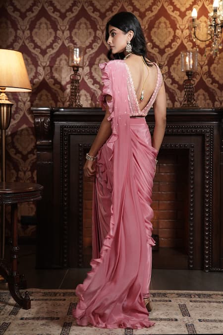 Shop_Surabhi Arya_Pink Crepe Pearls, Sequins, Embellished Pre-draped Ruffle Saree With Blouse _at_Aza_Fashions