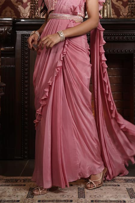 Surabhi Arya_Pink Crepe Pearls, Sequins, Embellished Pre-draped Ruffle Saree With Blouse _Online_at_Aza_Fashions
