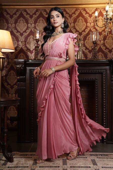 Buy_Surabhi Arya_Pink Crepe Pearls, Sequins, Embellished Pre-draped Ruffle Saree With Blouse _Online_at_Aza_Fashions