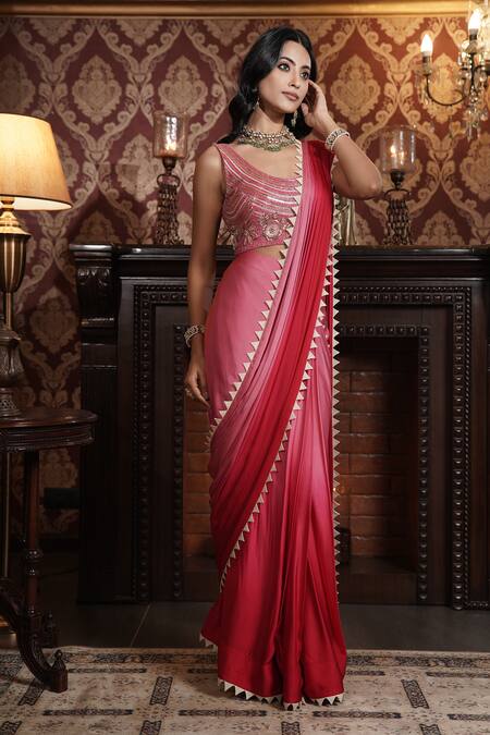 Shop_Surabhi Arya_Red Crepe, Satin Pearls, Sequins, Ombre Pre-draped Saree With Embellished Blouse _Online_at_Aza_Fashions
