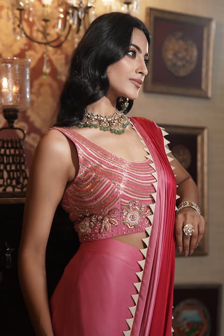 Buy_Surabhi Arya_Red Crepe, Satin Pearls, Sequins, Ombre Pre-draped Saree With Embellished Blouse 