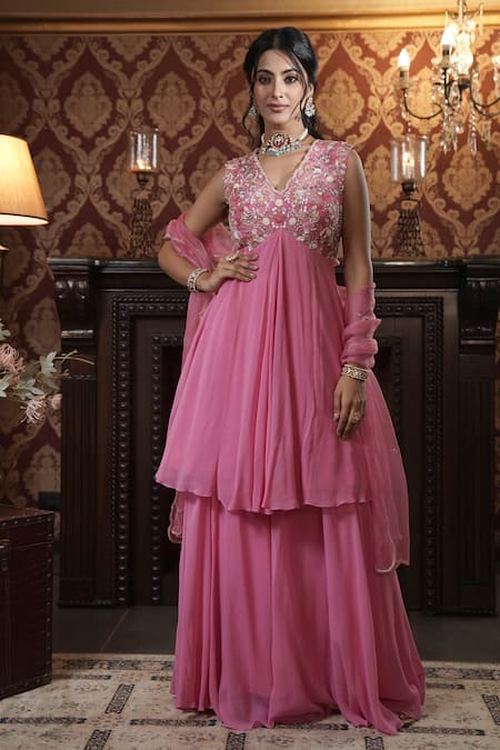 Surabhi Arya Pink Anarkali And Sharara Georgette Embroidered Sequin V-neck Floral Vine Set 