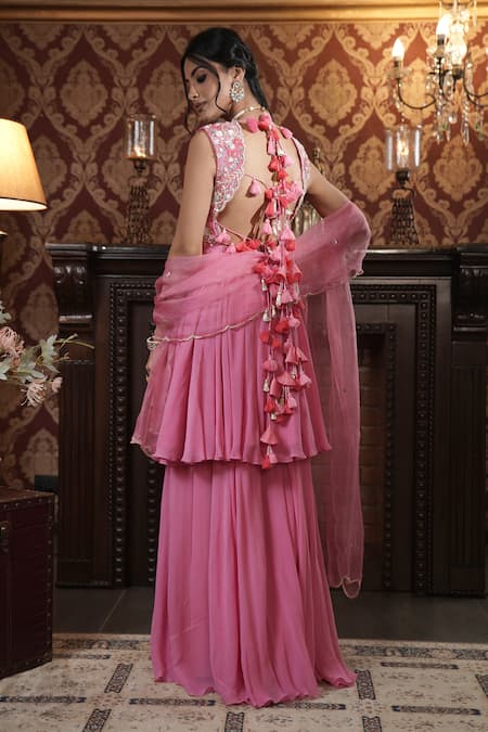 Shop_Surabhi Arya_Pink Georgette, Organza Sequins, Floral Vine Embroidered Anarkali Sharara Set _at_Aza_Fashions