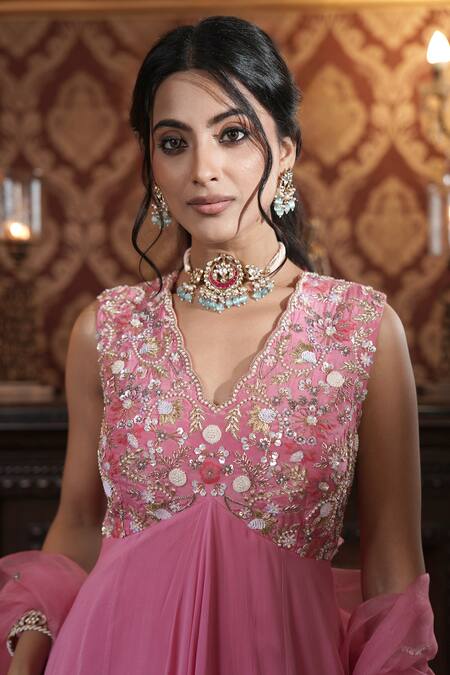Surabhi Arya_Pink Georgette, Organza Sequins, Floral Vine Embroidered Anarkali Sharara Set _Online_at_Aza_Fashions