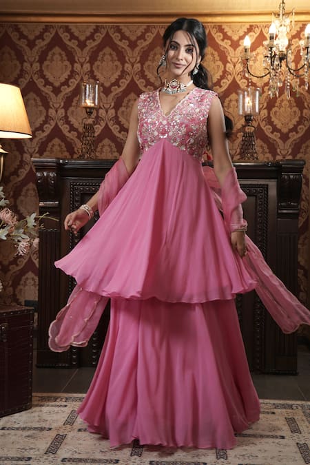 Buy_Surabhi Arya_Pink Georgette, Organza Sequins, Floral Vine Embroidered Anarkali Sharara Set _Online_at_Aza_Fashions