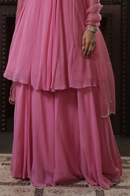 Shop_Surabhi Arya_Pink Georgette, Organza Sequins, Floral Vine Embroidered Anarkali Sharara Set _Online_at_Aza_Fashions