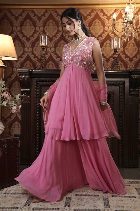 Surabhi Arya_Pink Georgette, Organza Sequins, Floral Vine Embroidered Anarkali Sharara Set _at_Aza_Fashions