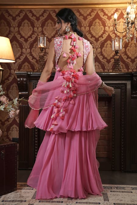 Buy_Surabhi Arya_Pink Georgette, Organza Sequins, Floral Vine Embroidered Anarkali Sharara Set 