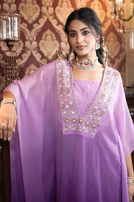 Surabhi Arya_Purple Georgette, Chanderi Sequins, Beads, Ombre Floral Vine Kaftan Pant Set _Online_at_Aza_Fashions